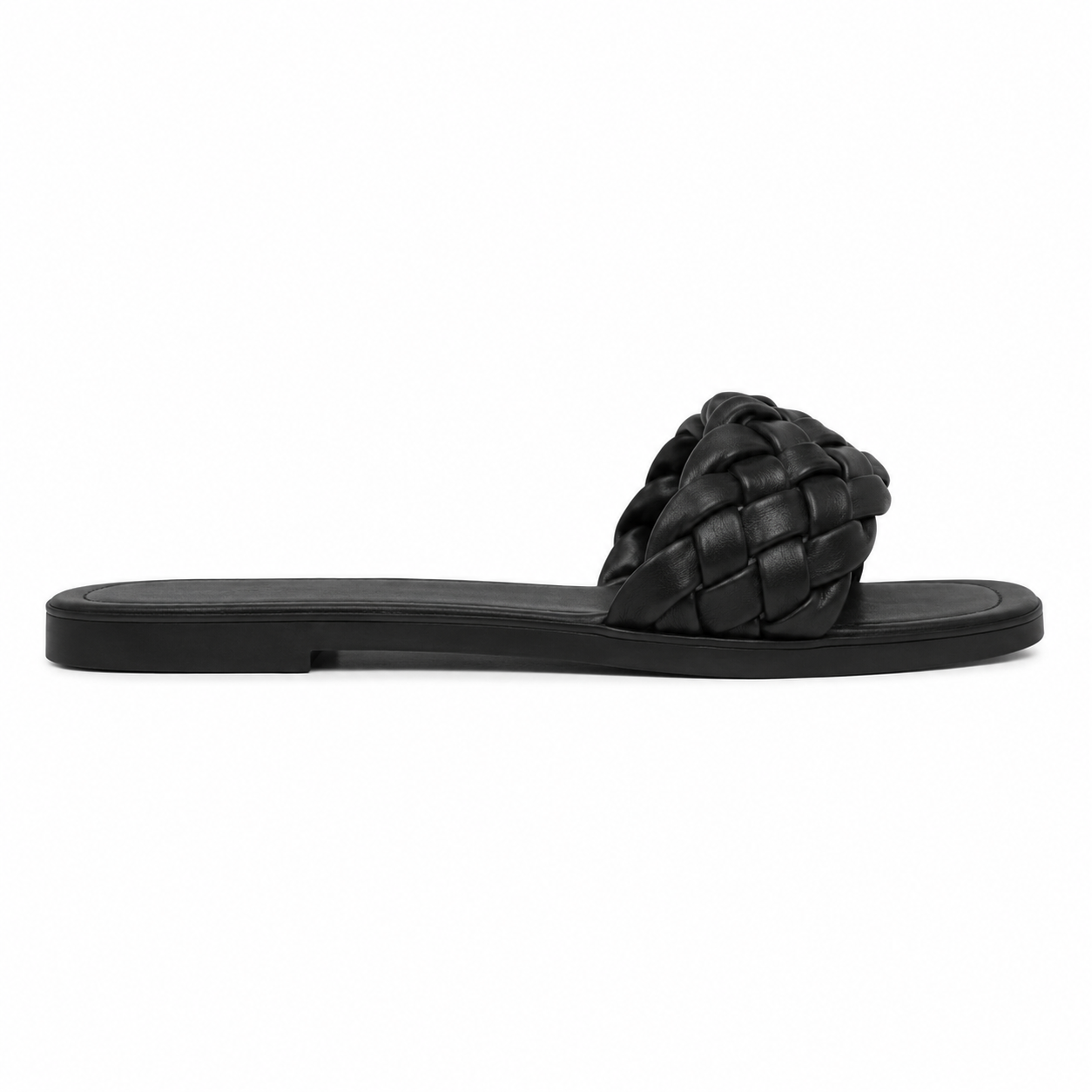 Women's Black Braided Flat Slide Sandals