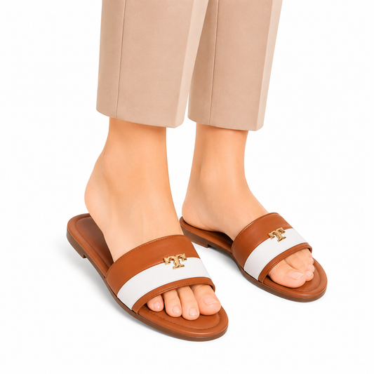 Women's Tan & White Logo Slide Sandals