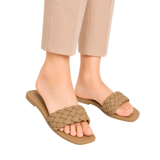 Women's Beige Braided Flat Slide Sandals