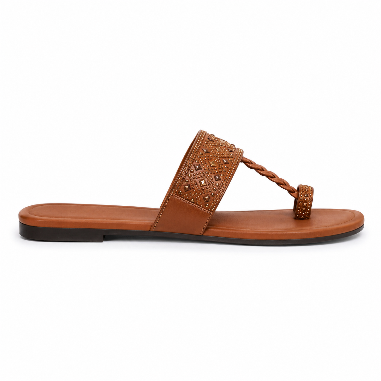 Women's Tan Braided Embellished Kolhapuri Flats