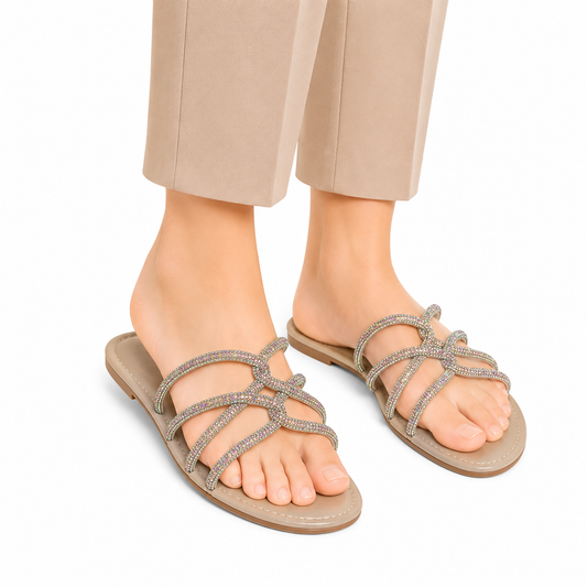 Women's Beige Crystal Criss-Cross Flat Sandals