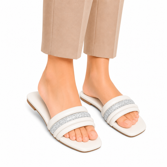 Women's White Glitter Stripe Padded Slide Sandals