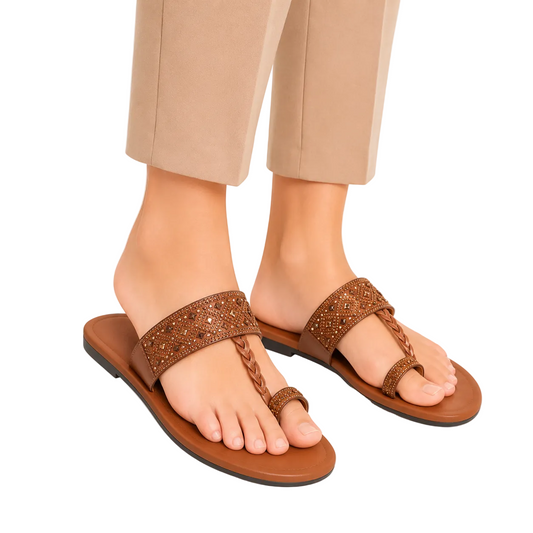 Women's Tan Braided Embellished Kolhapuri Flats