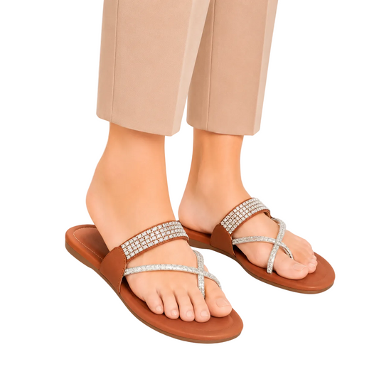 Women's Tan Crystal Stone Cross Flat Sandals