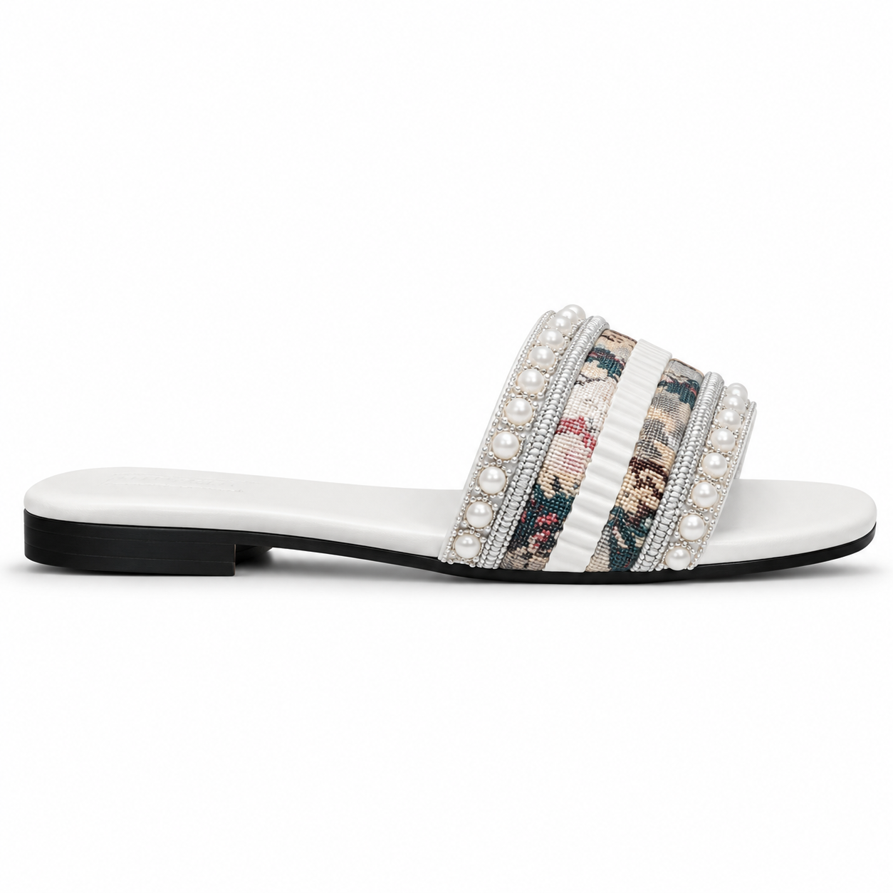 Women's White Embroidered Pearl Slides