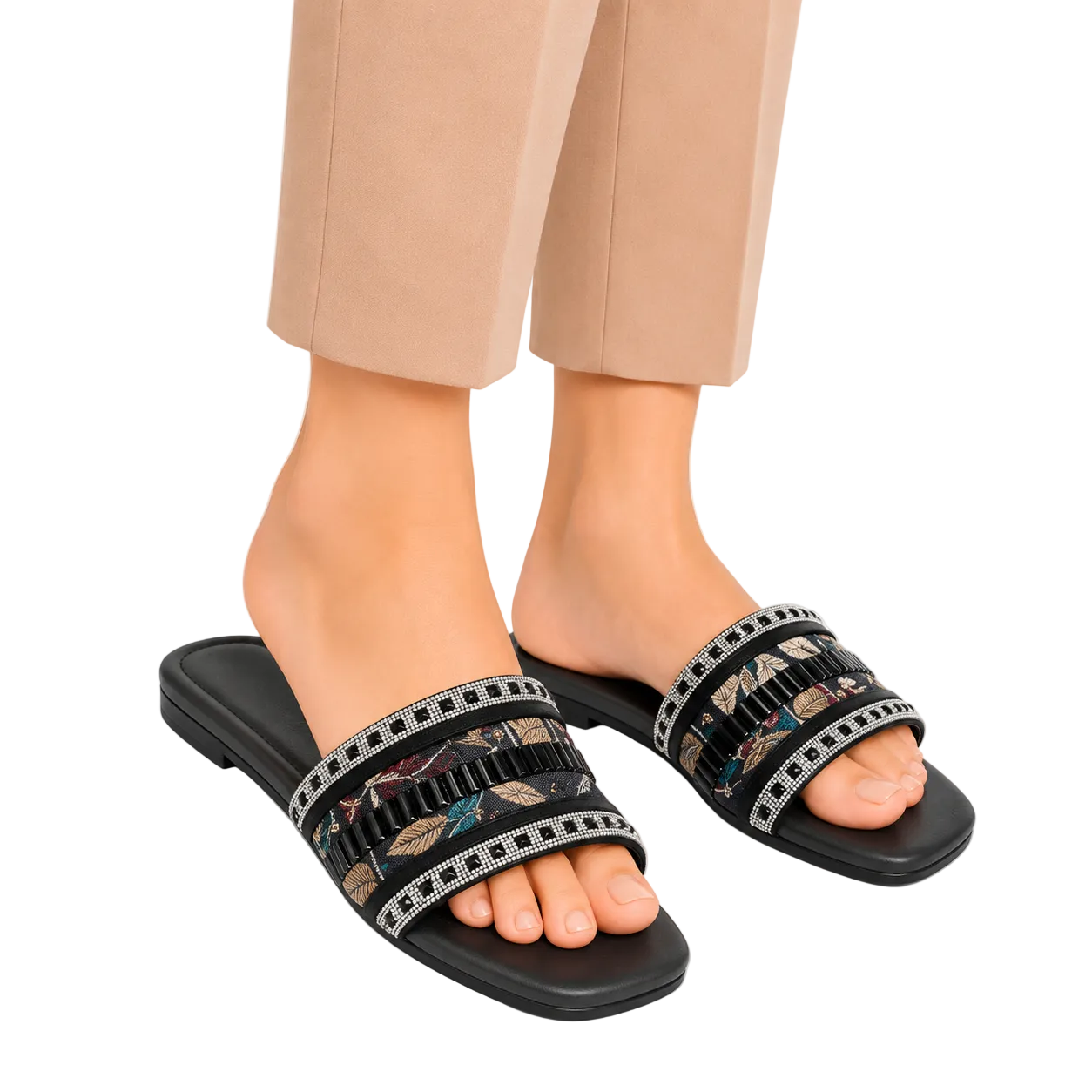 Women's Black Embroidered Crystal Flat Slide Sandals