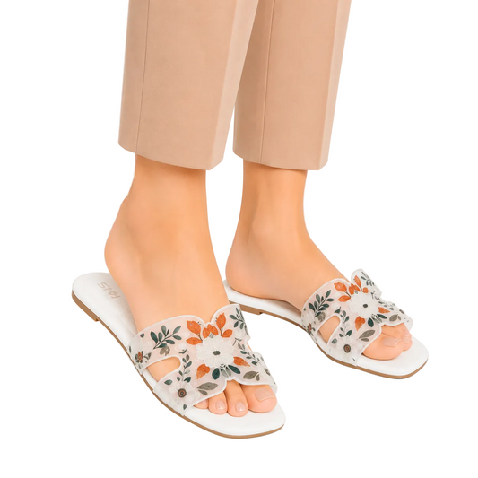 Women's White Floral Embroidered Flat Slides