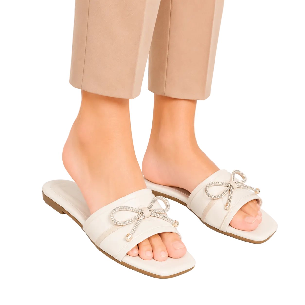 Women's Off White Crystal Bow Square Toe Flats