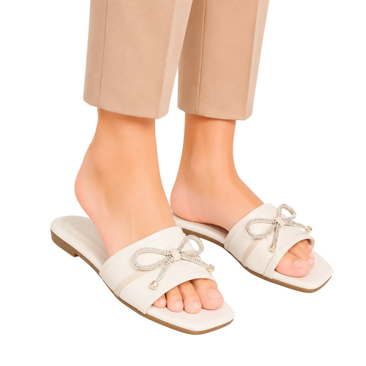 Women's Off White Crystal Bow Square Toe Flats