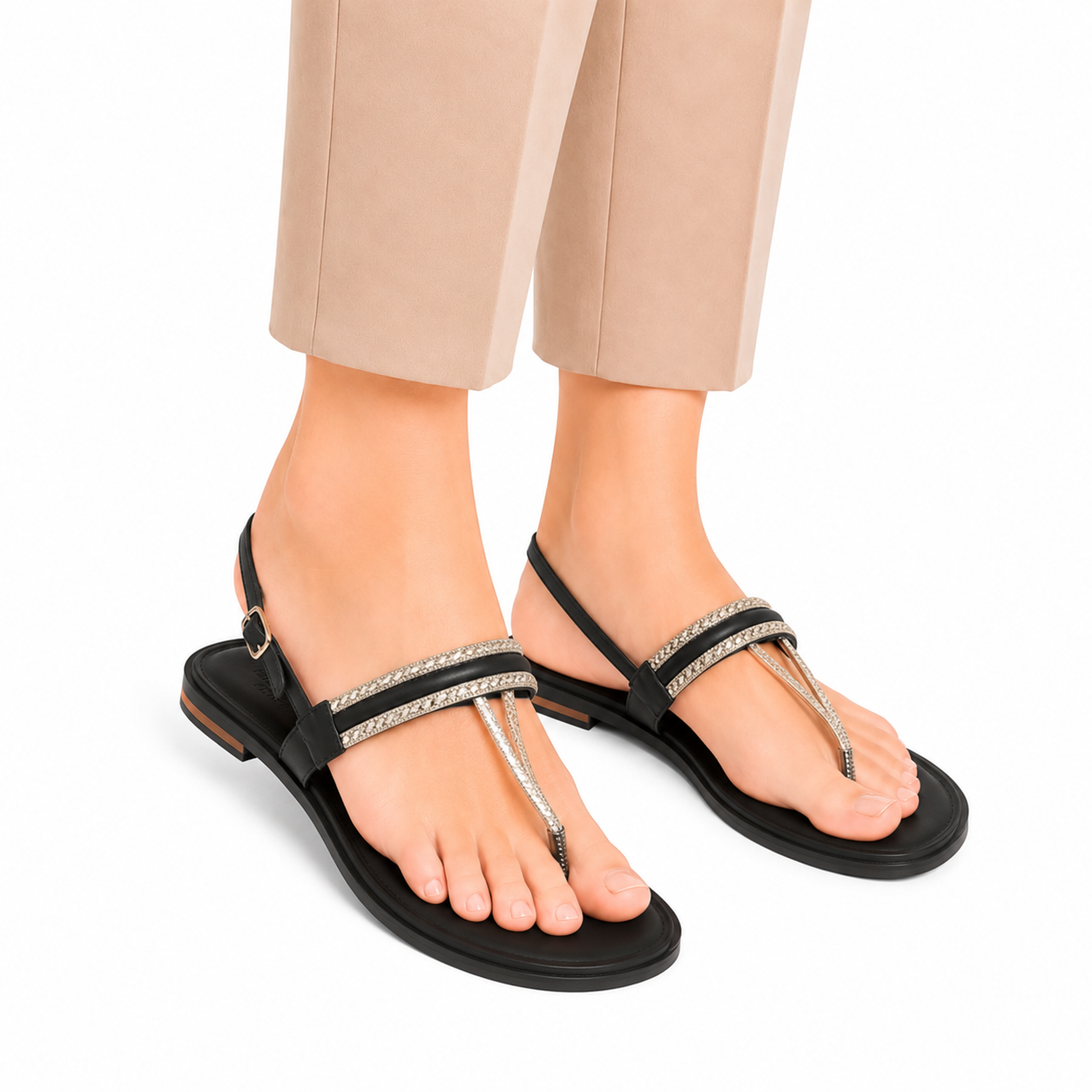 Women's Black Crystal T-Strap Flat Sandals