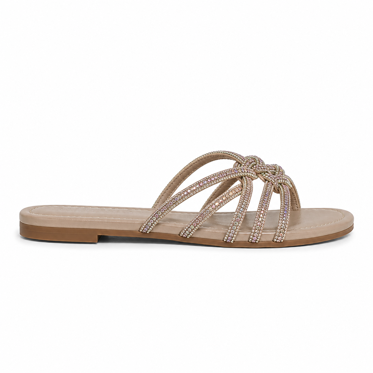 Women's Beige Crystal Criss-Cross Flat Sandals