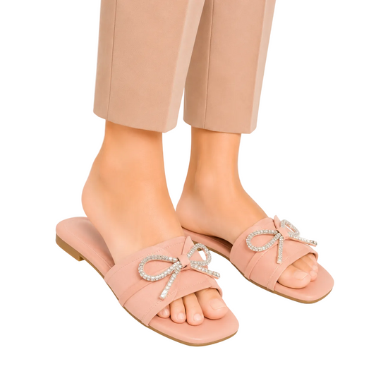 Women's Blush Pink Bow Crystal Flat Slides