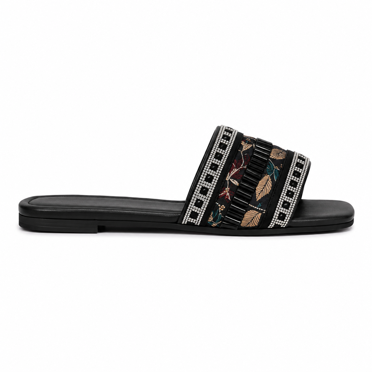 Women's Black Embroidered Crystal Flat Slide Sandals