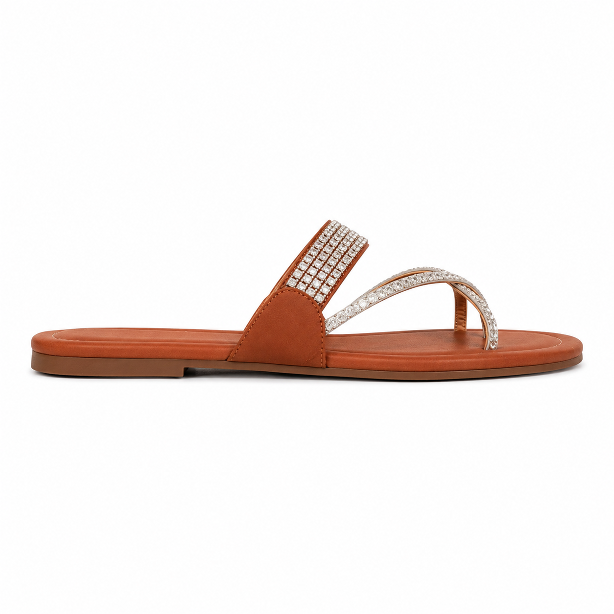 Women's Tan Crystal Stone Cross Flat Sandals