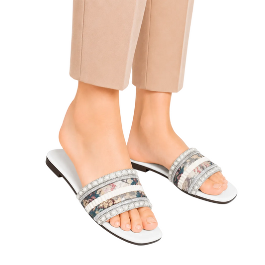 Women's White Embroidered Pearl Slides