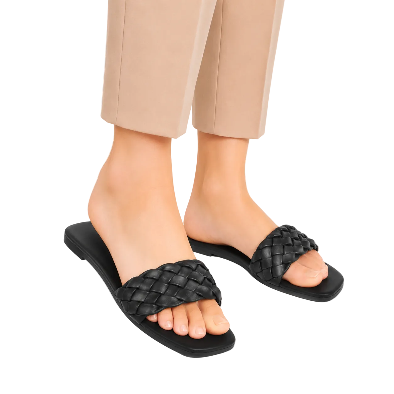 Women's Black Braided Flat Slide Sandals