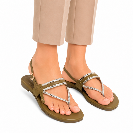 Women's Olive Green Crystal Strappy Flat Sandals