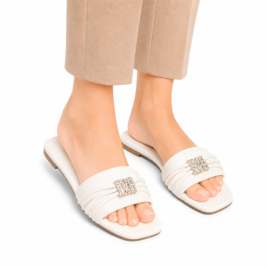 Women's White Crystal Buckle Ruched Slide Sandals