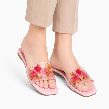 Women's Pink Floral Transparent Flat Slippers