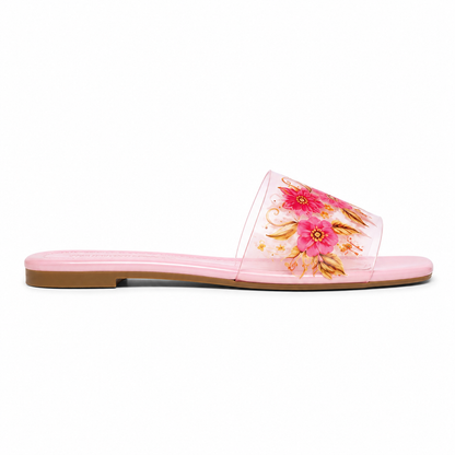 Women's Pink Floral Transparent Flat Slippers