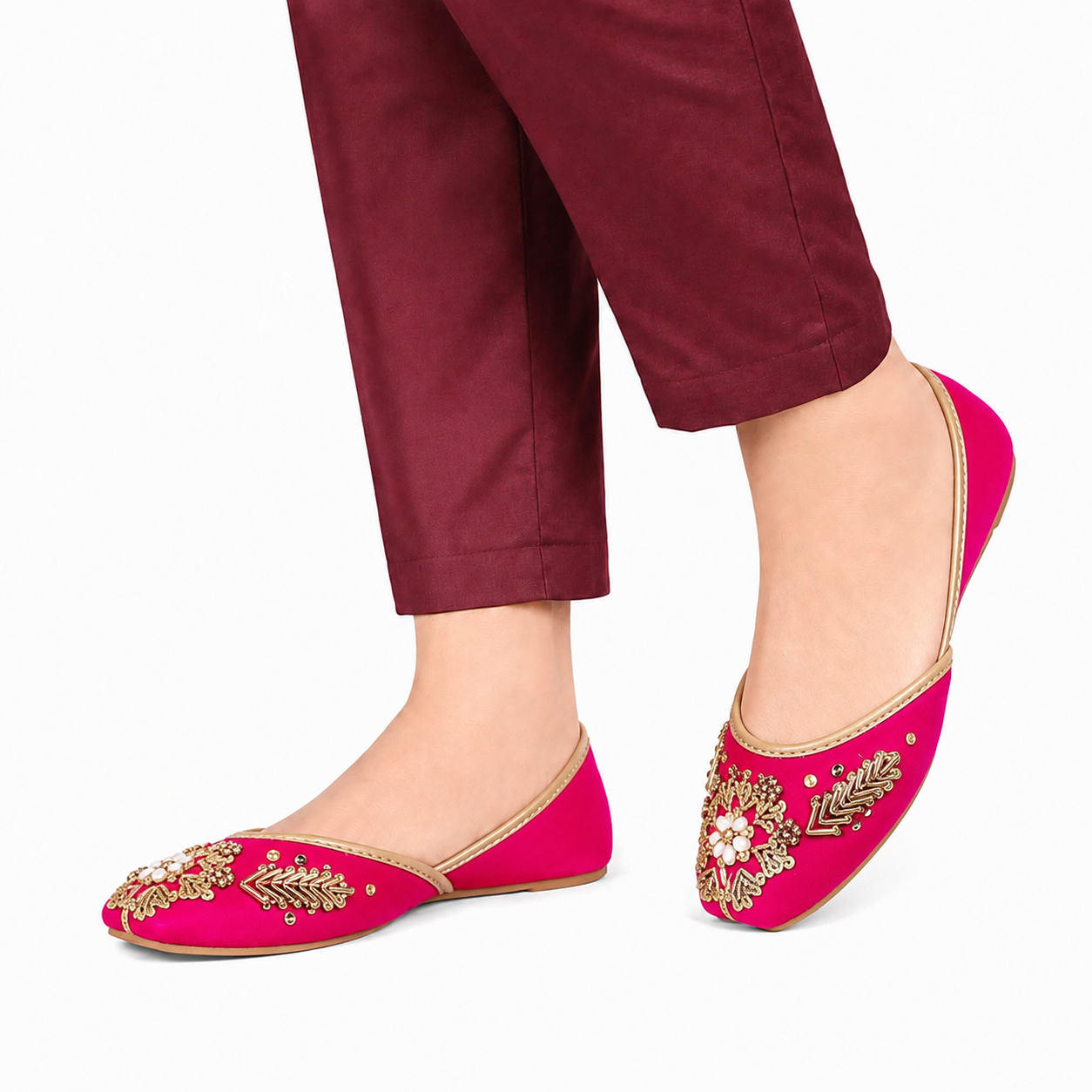 Women's Hot Pink Zari Embroidered Khussa Flats