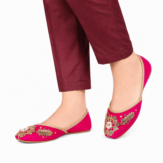 Women's Hot Pink Zari Embroidered Khussa Flats