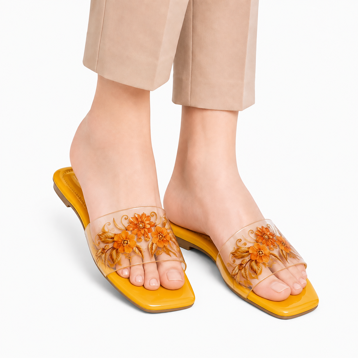 Women's Mustard Floral Transparent Flat Slippers