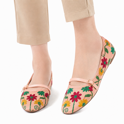 Women's Peach Floral Embroidered Mary Jane Flats