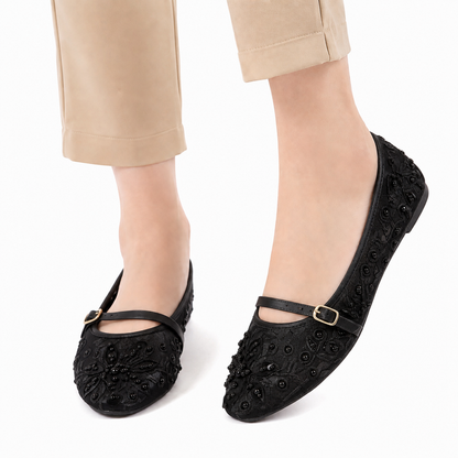 Women's Black Beaded Embroidered Mary Jane Flats