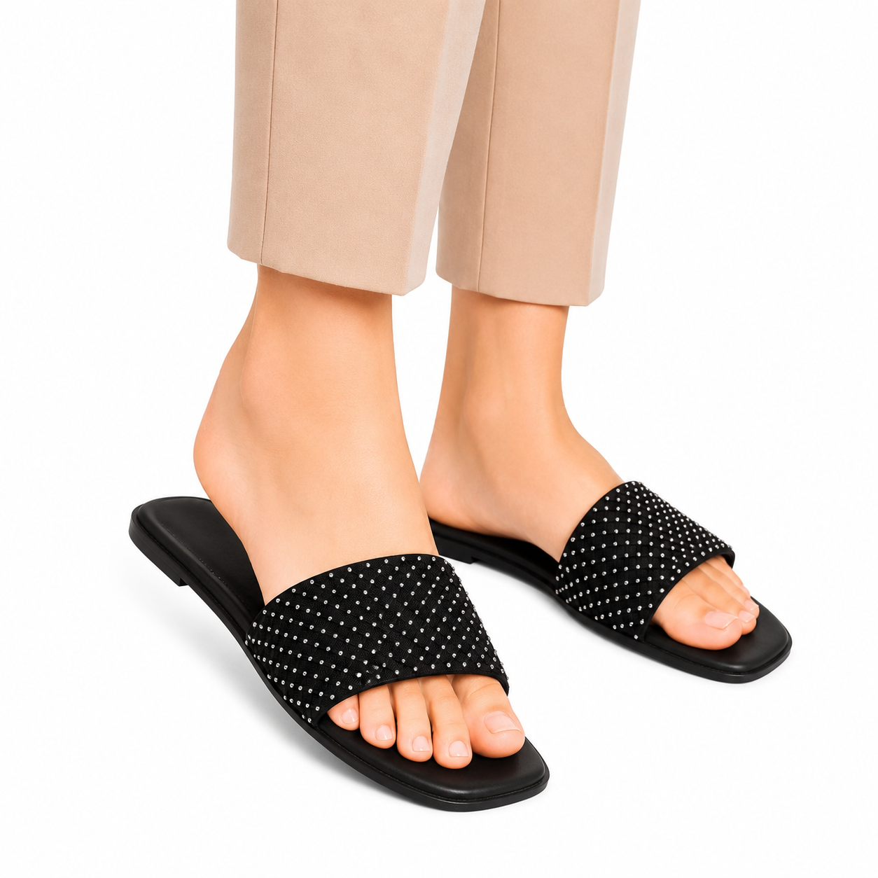Women's Black Studded Square Toe Slides