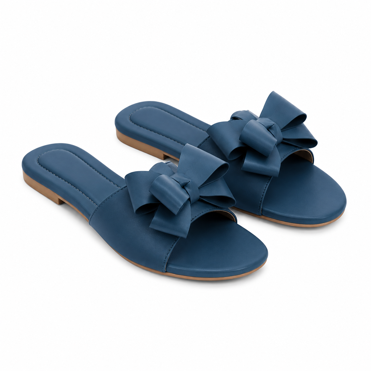Women Navy Blue Bow Flat Slippers