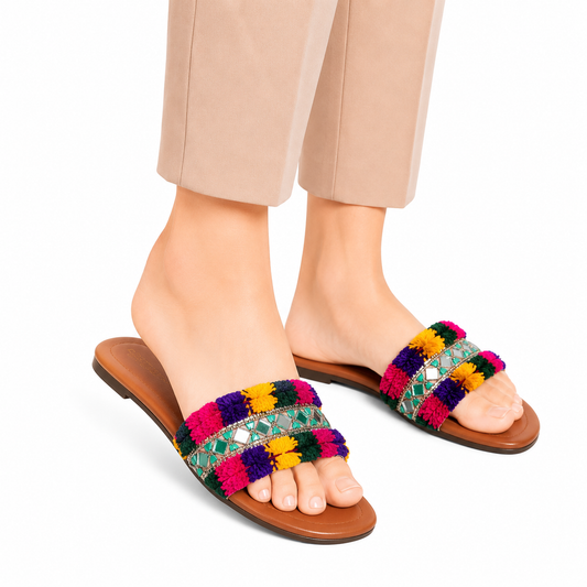 Women's Multicolor Pom Mirror Slides