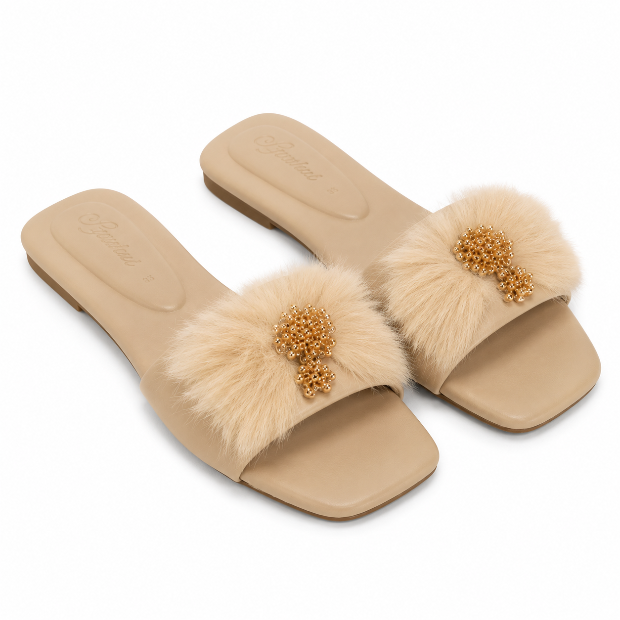 Women's Beige Fur Embellished Luxury Slides