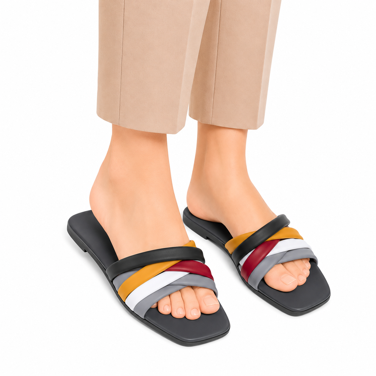 Women's Multi-Tone Cross Strap Flat Sandals
