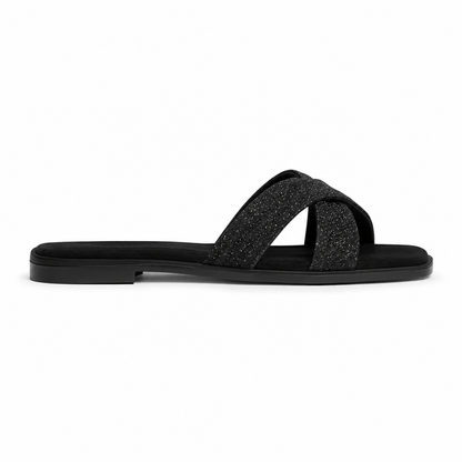 Women's Black Glitter Cross Strap Flat Sandals