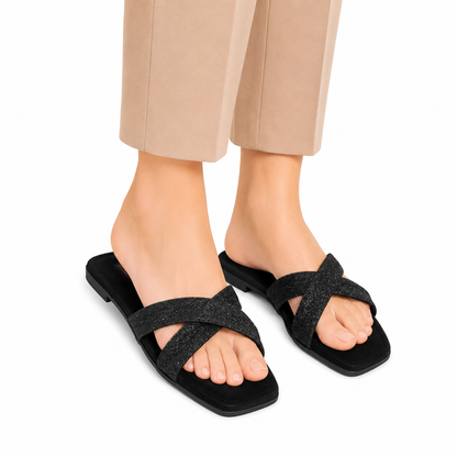 Women's Black Glitter Cross Strap Flat Sandals