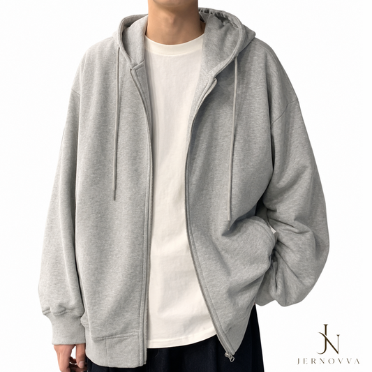 Unisex Grey Zip-Up Hoodie – Oversized Full Zip Casual Sweatshirt
